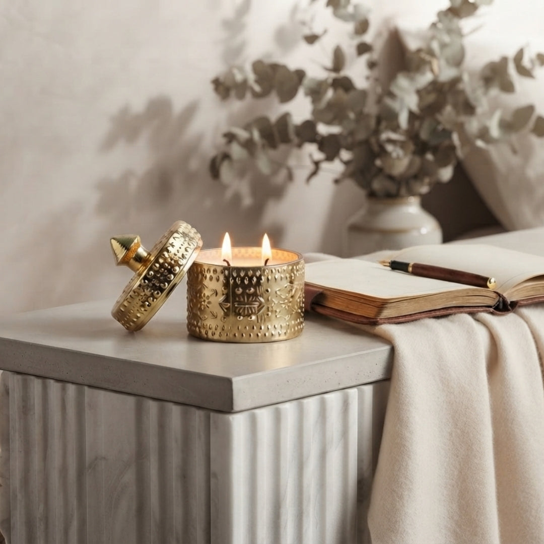Decorative Gold Embossed Glass Jar with Scented Wax - Elegant Candle Holder