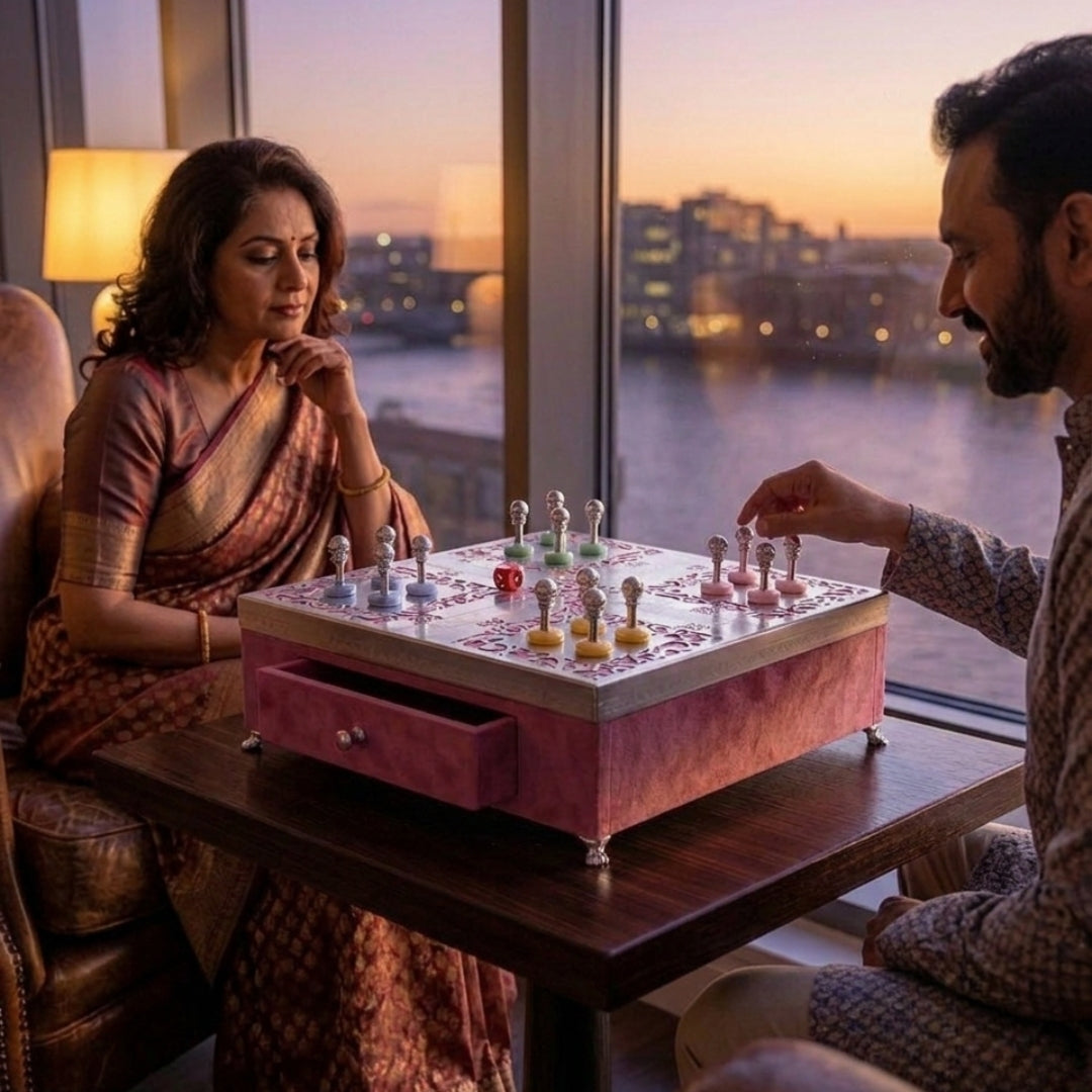 Luxury Silver Plated Ludo Box with Pull-Out Drawer, Metal Pawns & Red Velvet Base