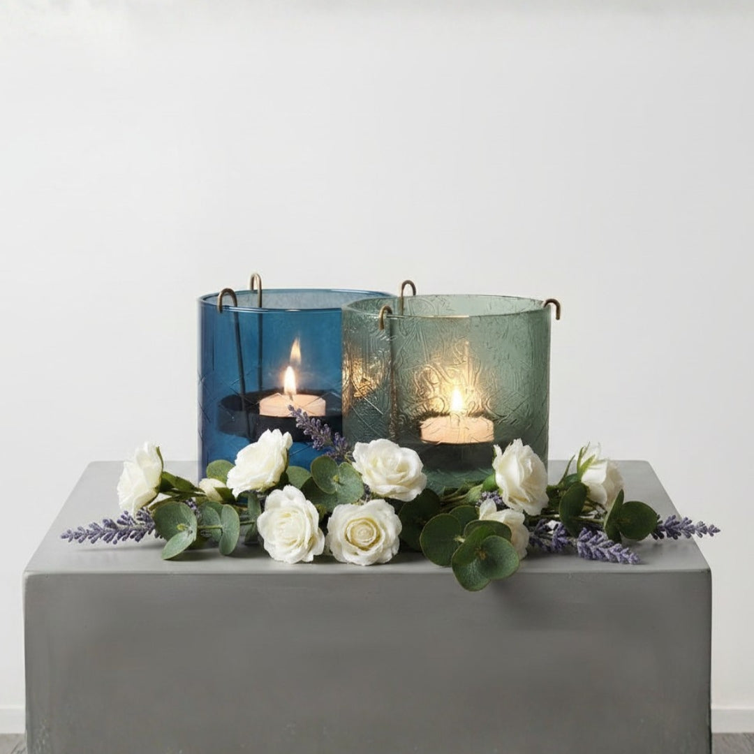 Set of 2 lightBlue & Dark blue  Glass Votives with Internal Metal Tea Light Holders