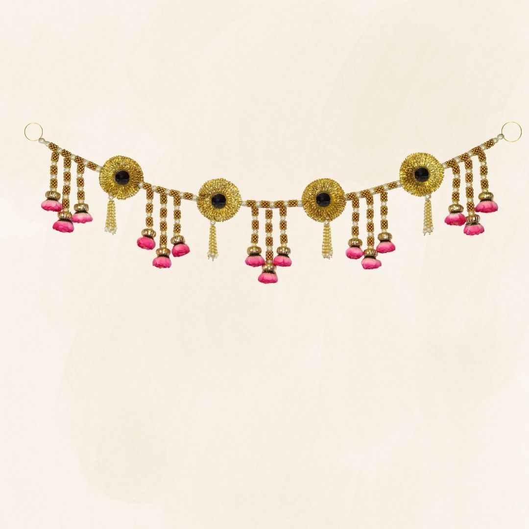 Pink Flower Hanging Toran With Gota Mirror & Pearl