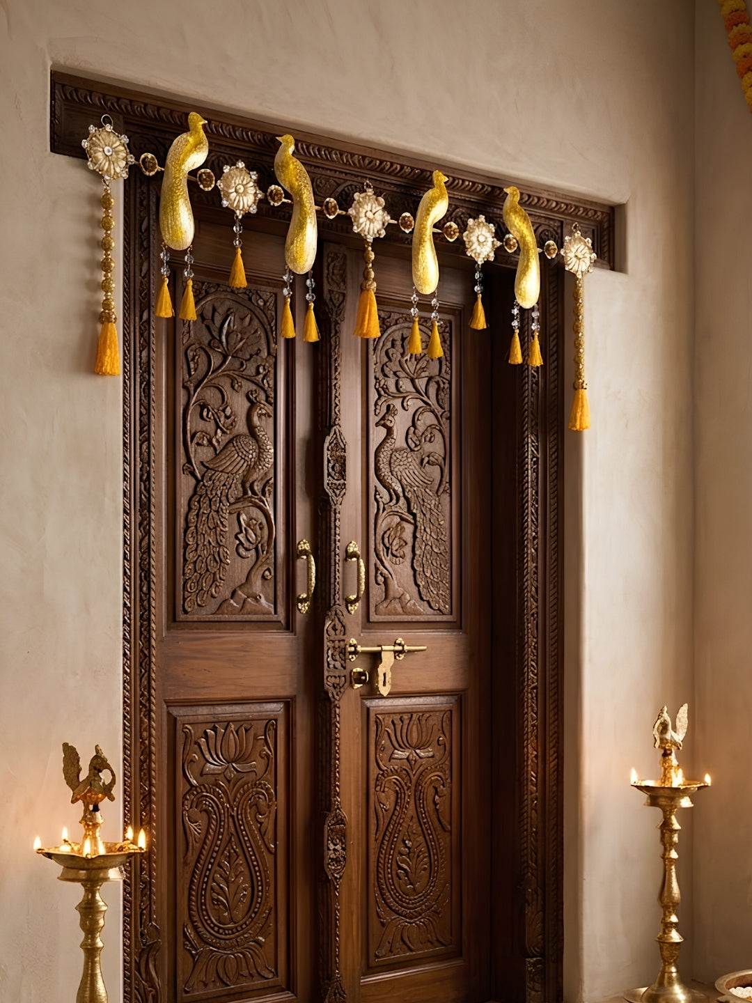 metal gold finish peaock design with gold balls hanging toran