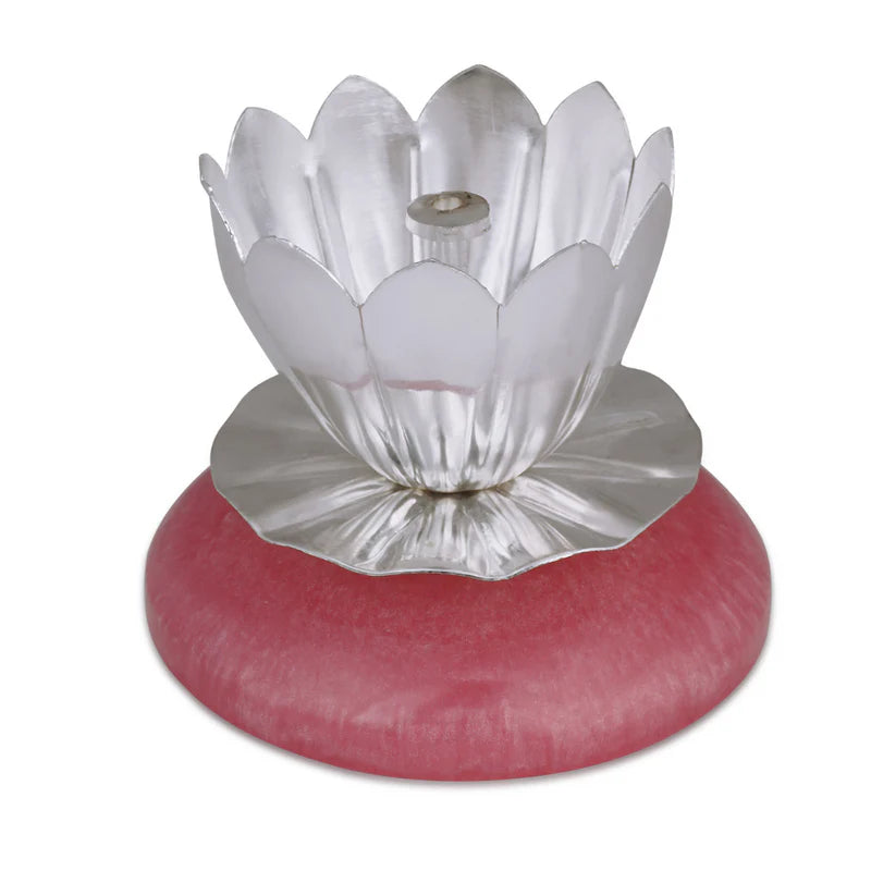 Brass Silver Plated Small Diya With Pink Resin Base