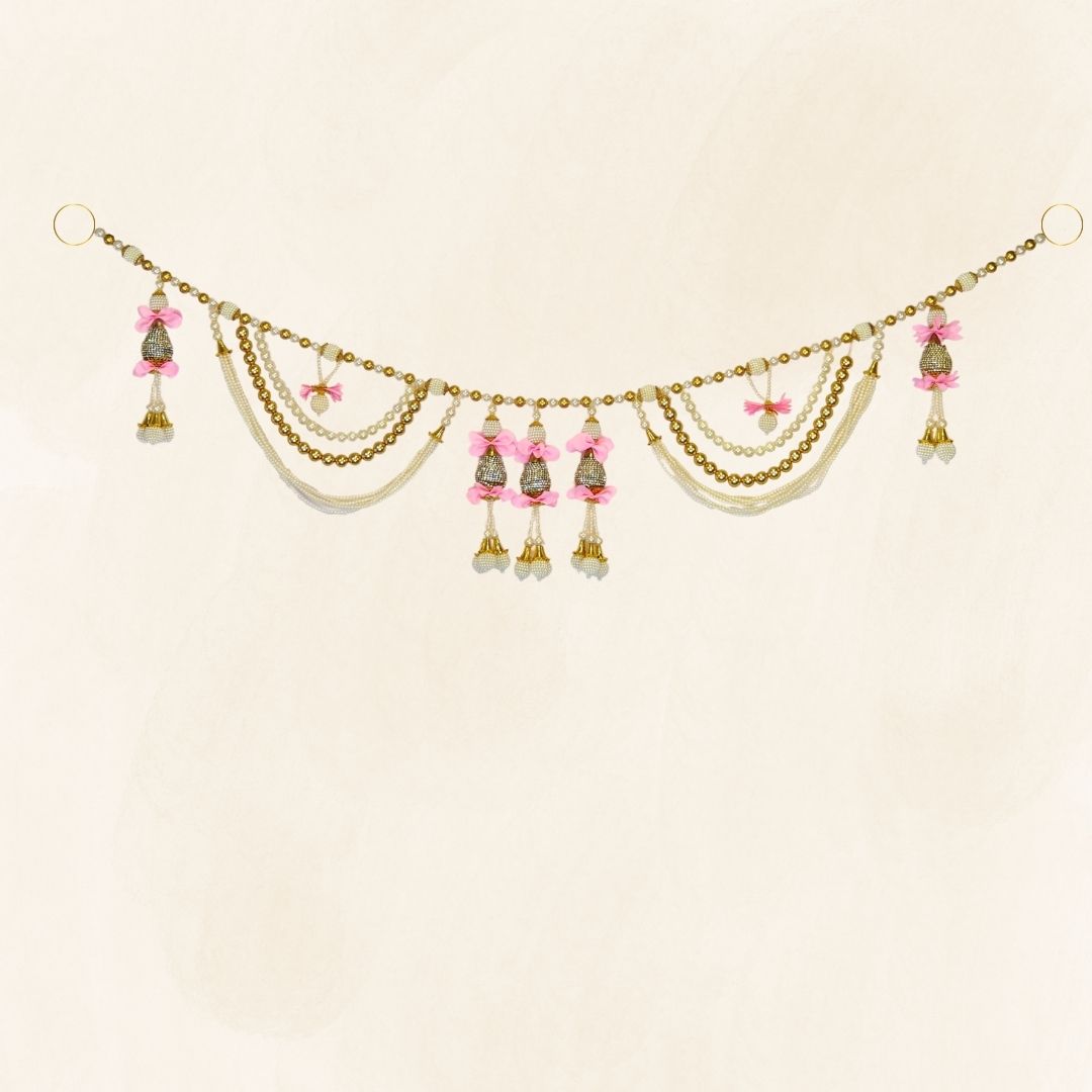 Pink Flower Hanging Toran With Gold & White Pearl