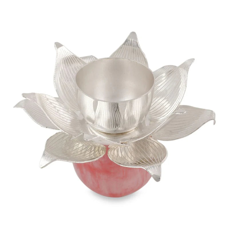 Brass Silver Plated Diya With Pink Resin Ball Base