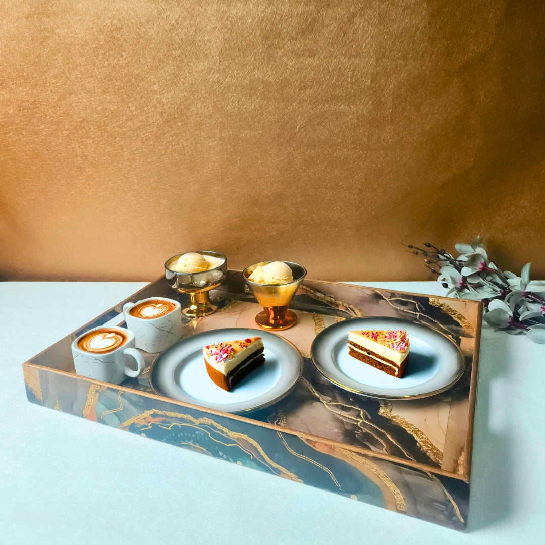 Wooden Brown Marble Print Design Enamel Tray