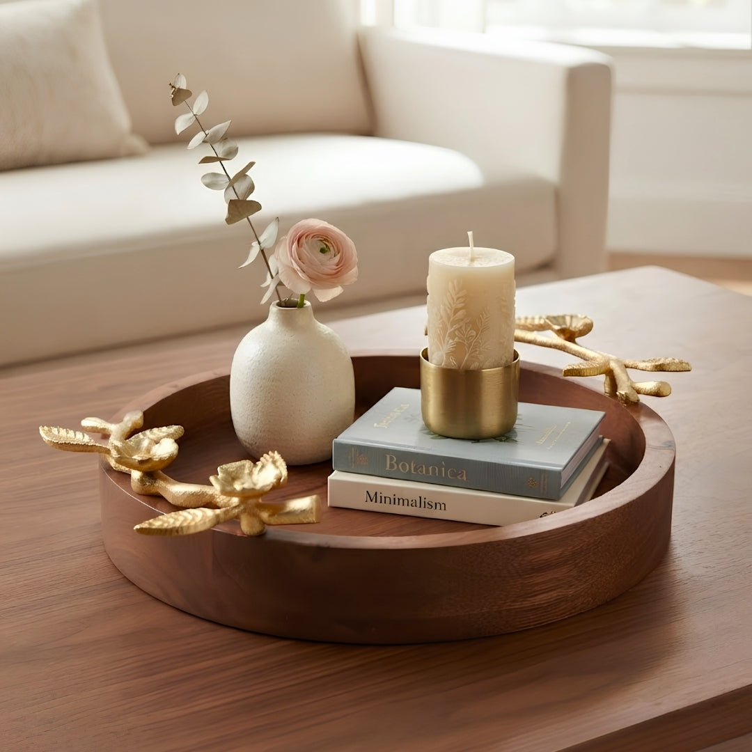 Wooden Small Round Serving Tray with Gold Floral Branch Handles
