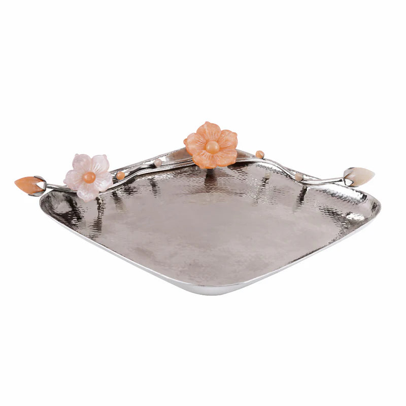 Brass Silver Plated Square Platter With Peach Resin Flower