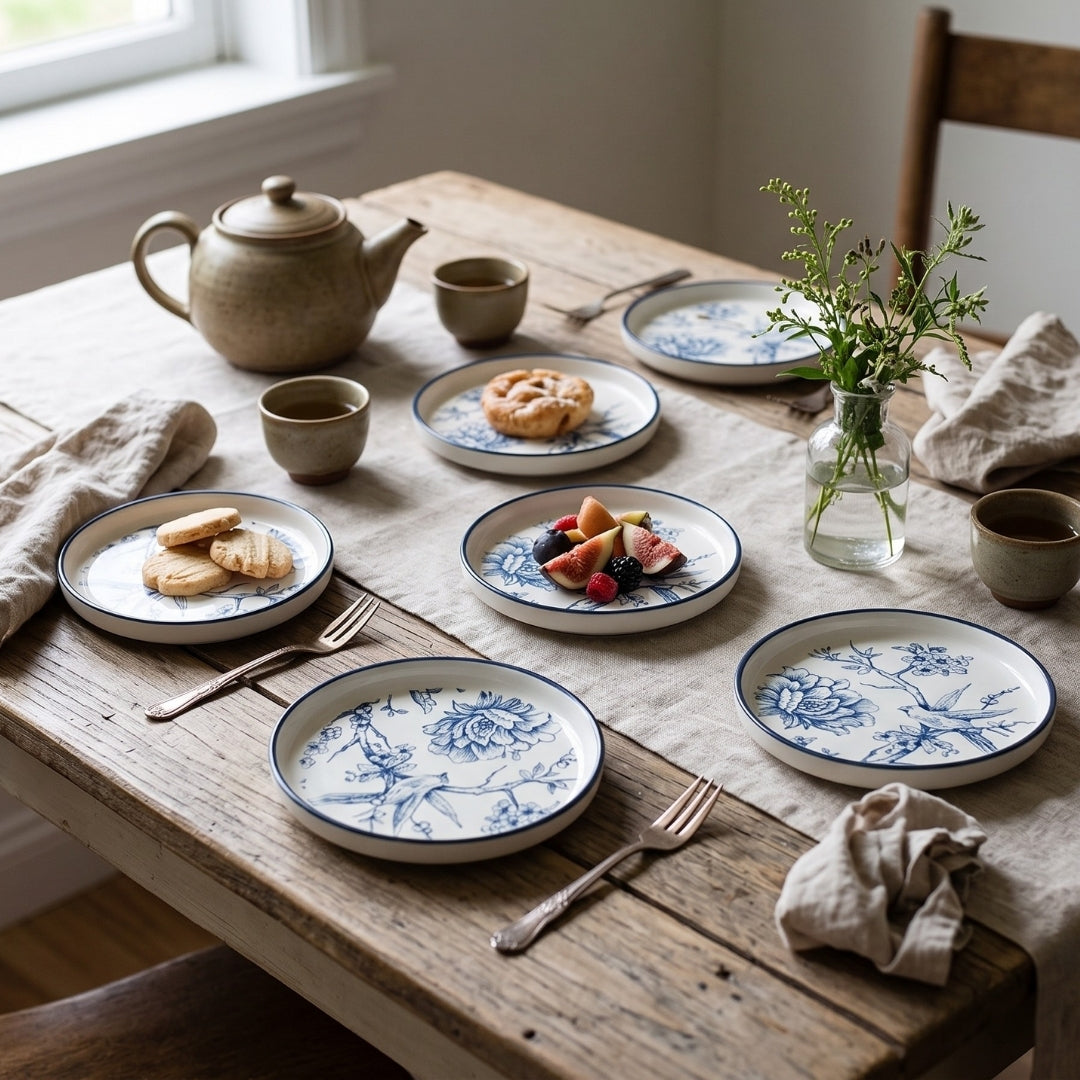 6 Psc Blue & White Floral Ceramic Round Platter Set