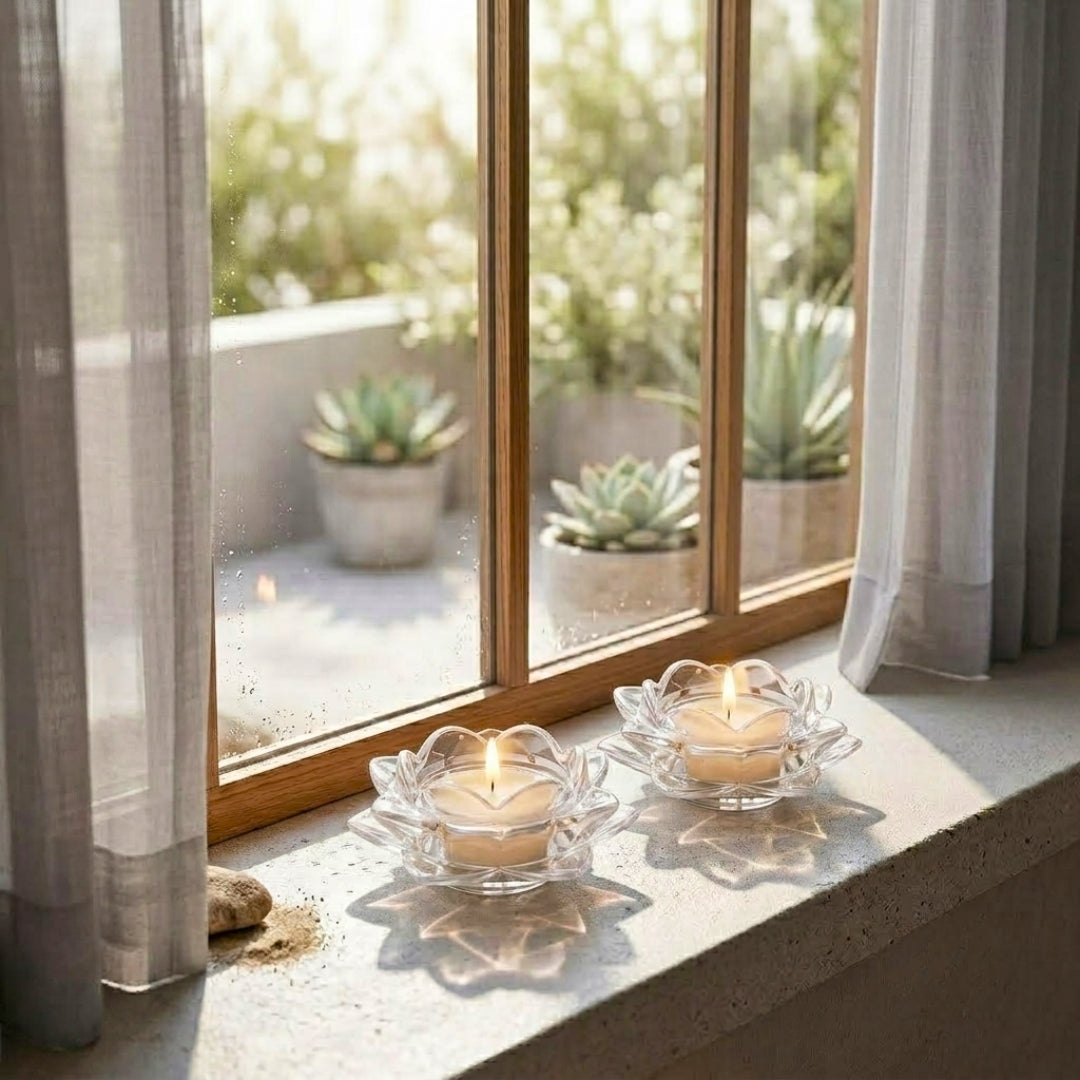 Clear Glass Lotus Candle Holder - Scented Wax Tealight Set (Set of 2)