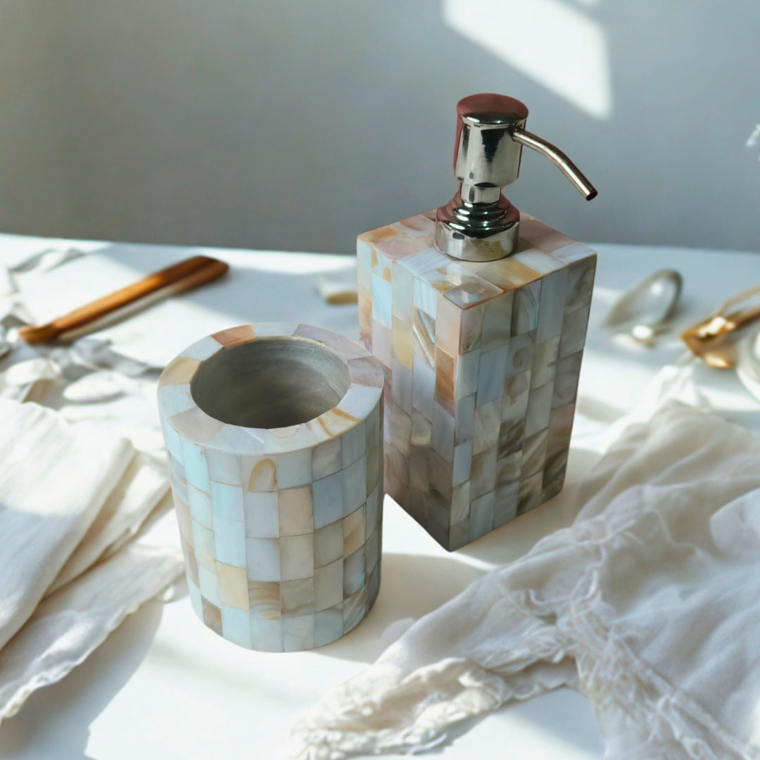 Wooden Mother of pearl & white enamel Bathroom Set of 2