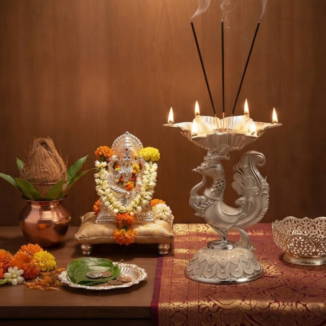 White metal Decorative Silver Peacock Design Diya
