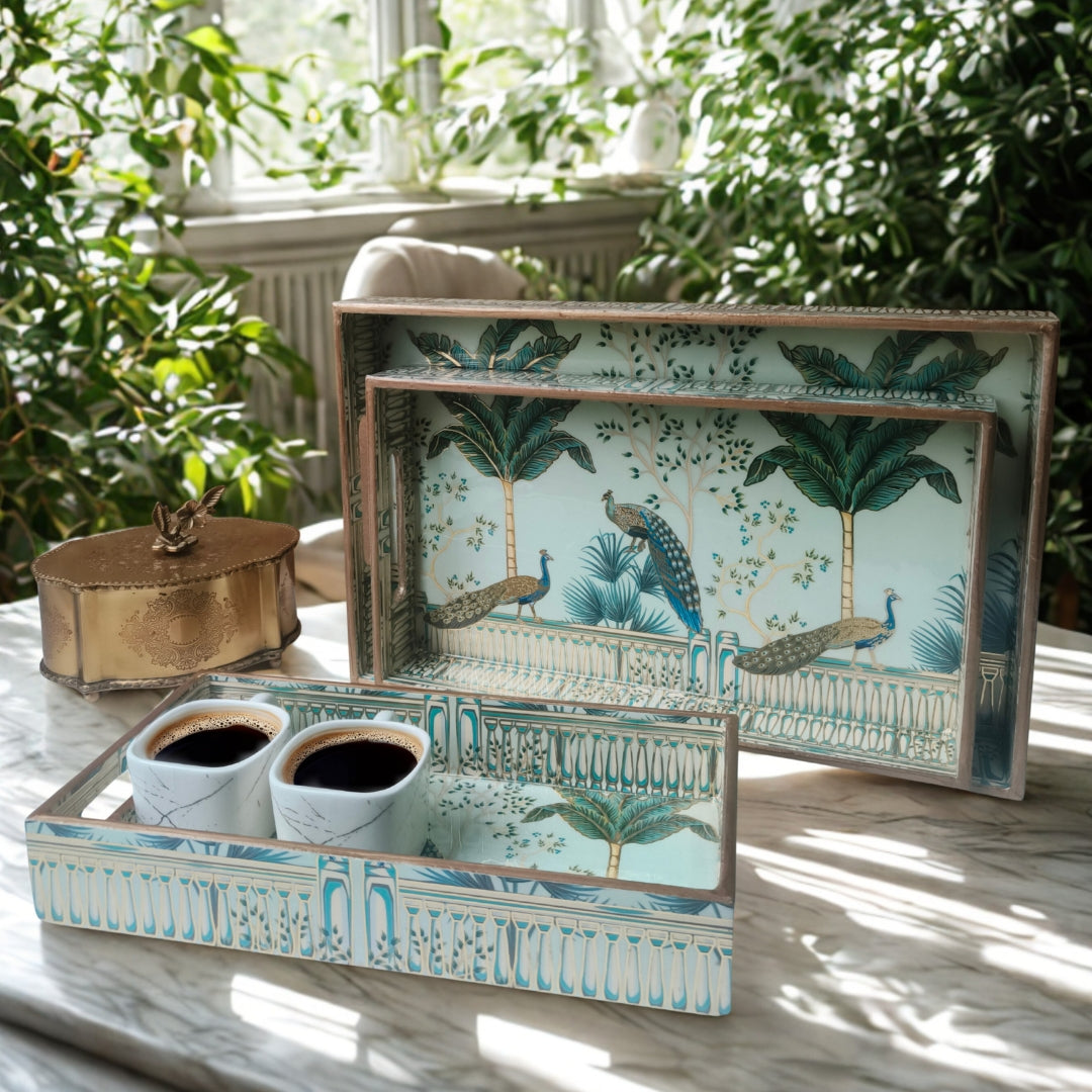 Peacock Design Enamel Tray(Tray Set of 3)