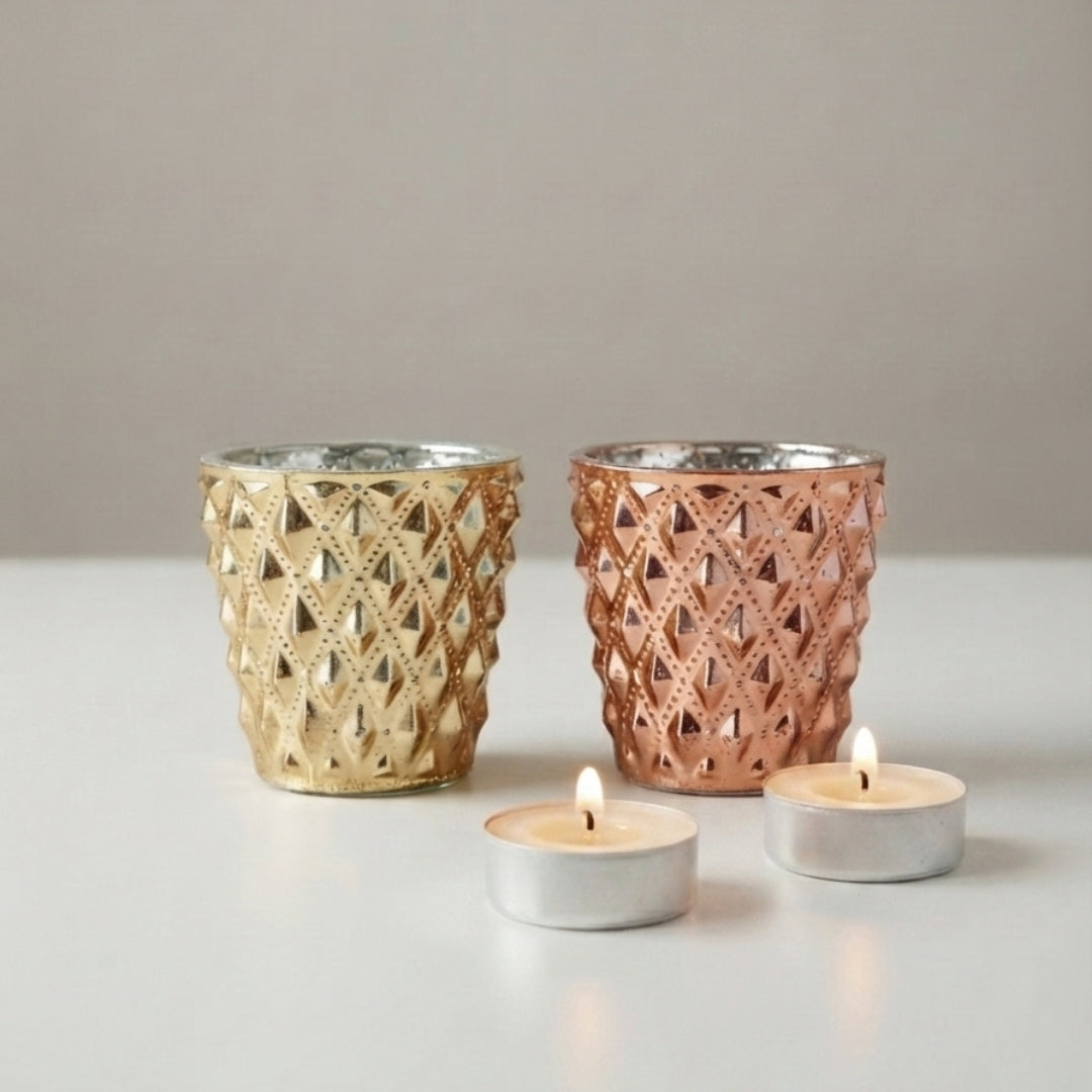 Set of 2 Gold & Copper Diamond-Cut Glass Tea Light Votive Holders