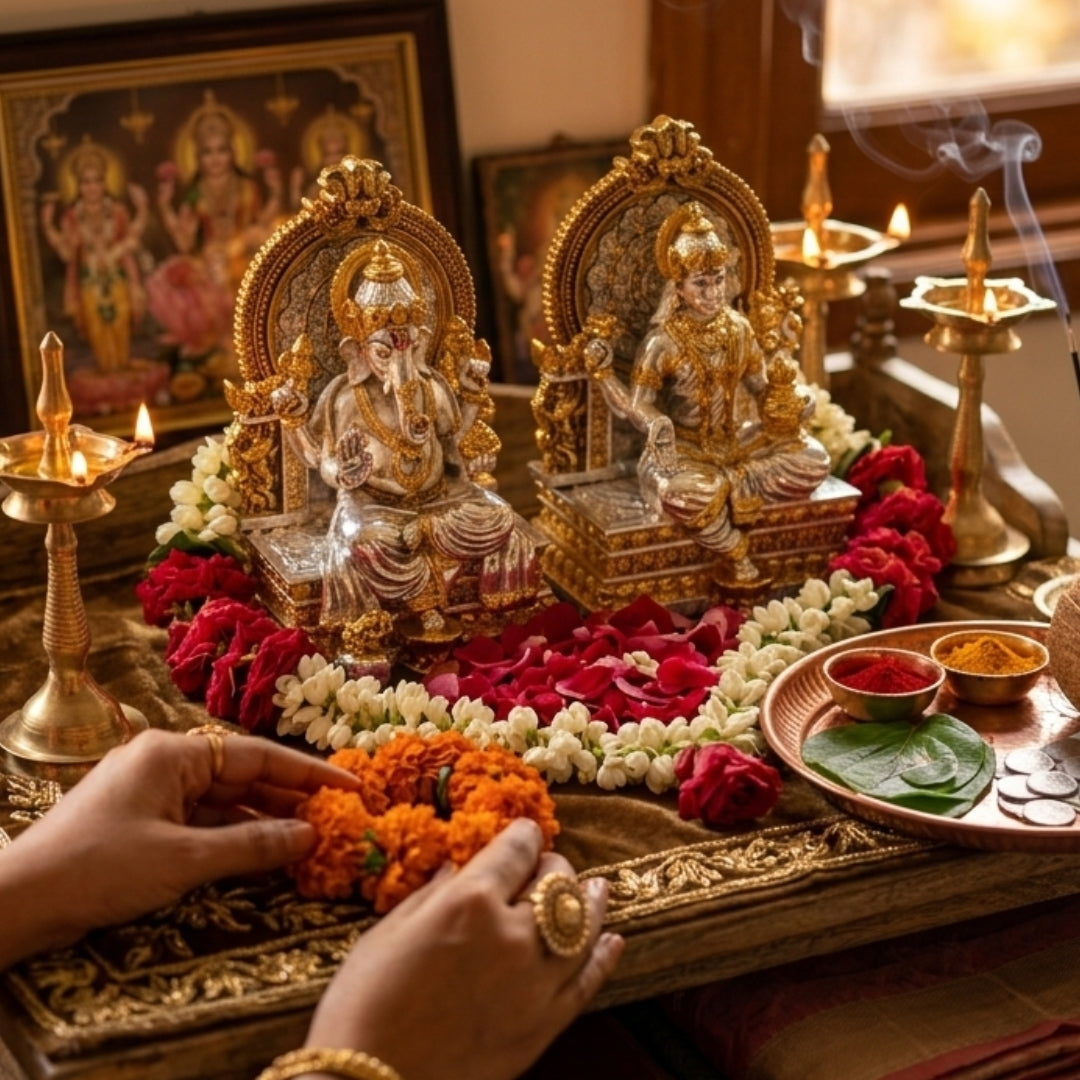 The Home Co- 999 Pure Silver & 24K Gold Plated The Divine Union: Lakshmi & Ganesha Silver & Gold Plated Fiber Idols(seating on sihasan )