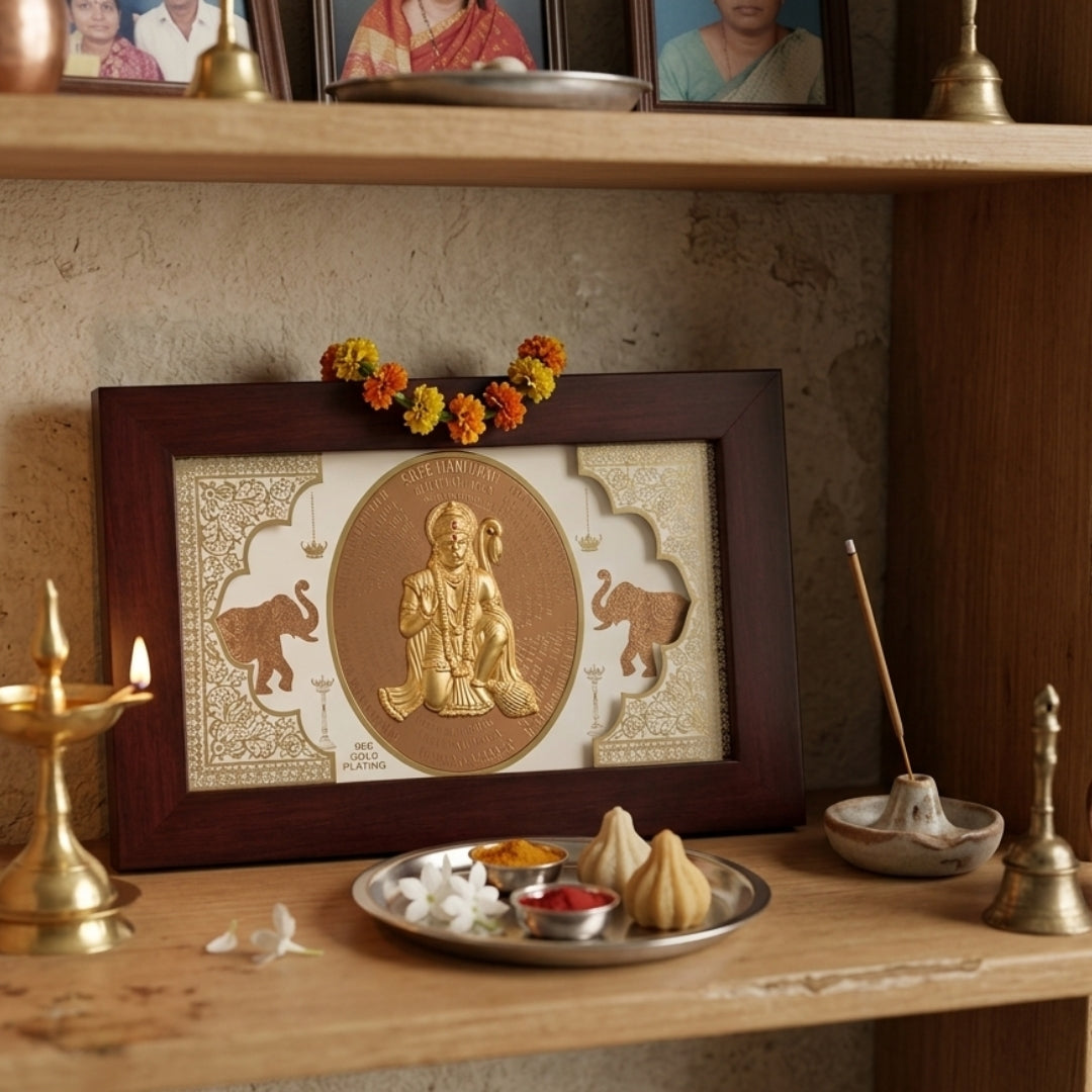 24K Gold Plated Shree Hanuman Ji Wooden Photo Frame | Divine Bajrangbali Idol for Wall & Table
