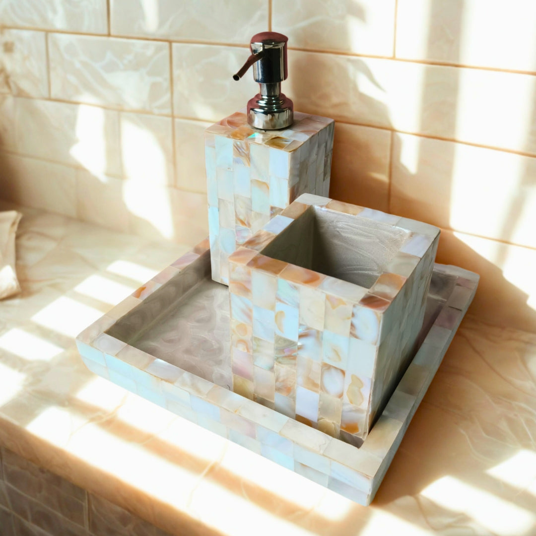 Wooden Mother of pearl & white enamel Bathroom Set of 3