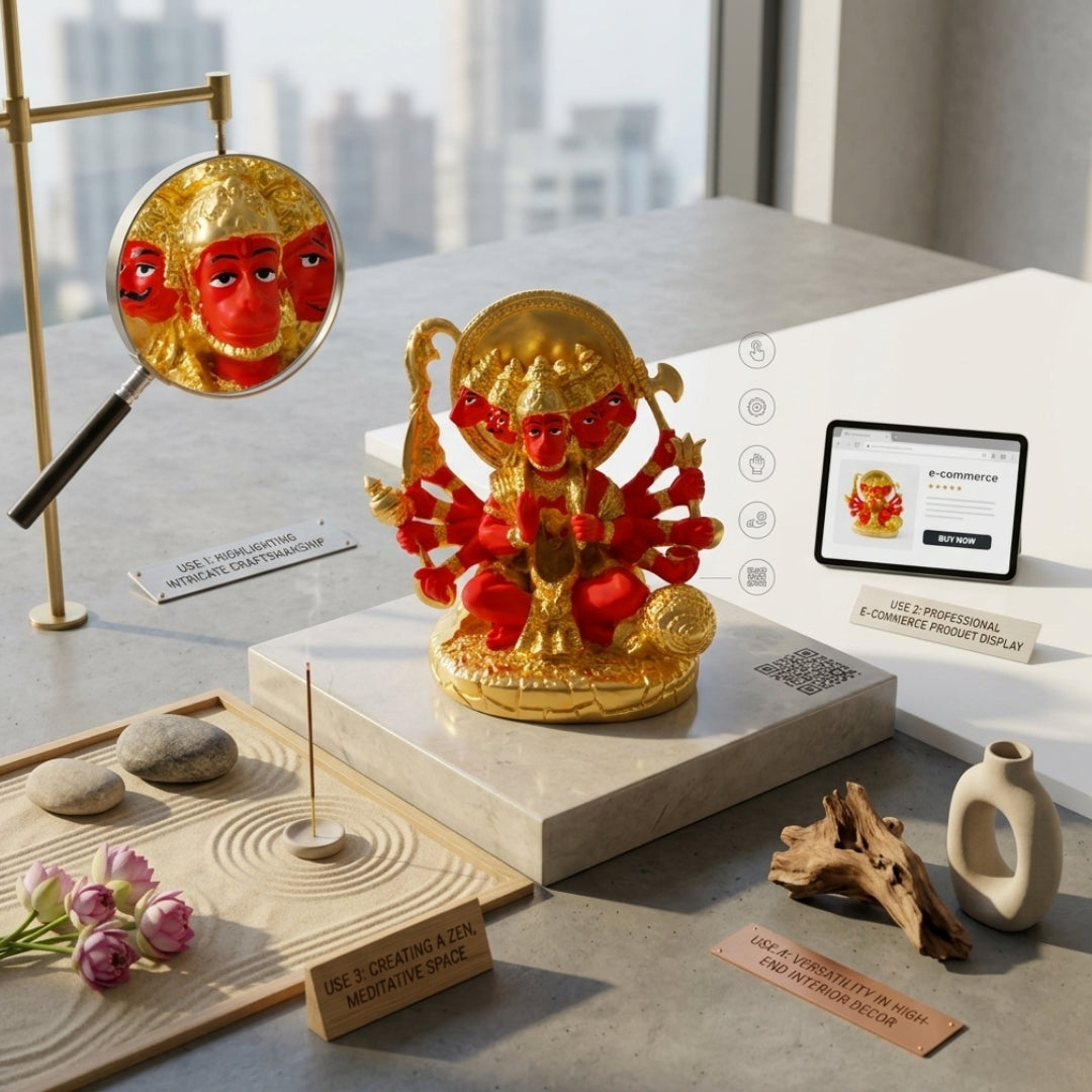 The Home CO-24K Gold Plated Panchmukhi Hanuman Fibre Idol | Orange Enamel Five-Faced Hanumanji Murti