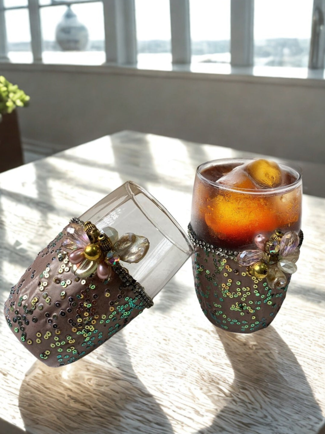 Mauve Resin Glitter Filigree Glass Set of 6