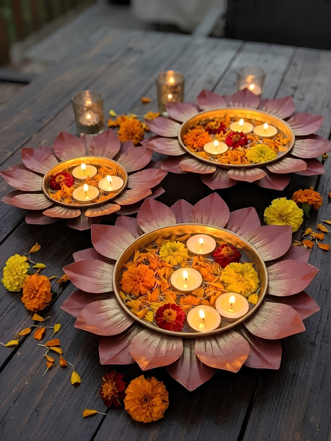 Metal red & gold colour lotus shape urli - set of 3