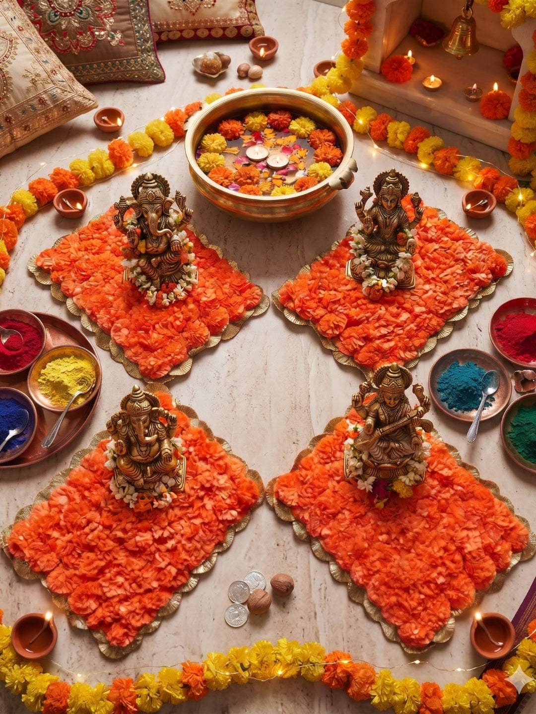 Artifical Orange marigold Mats / rangolis - Rectangle Set of 4