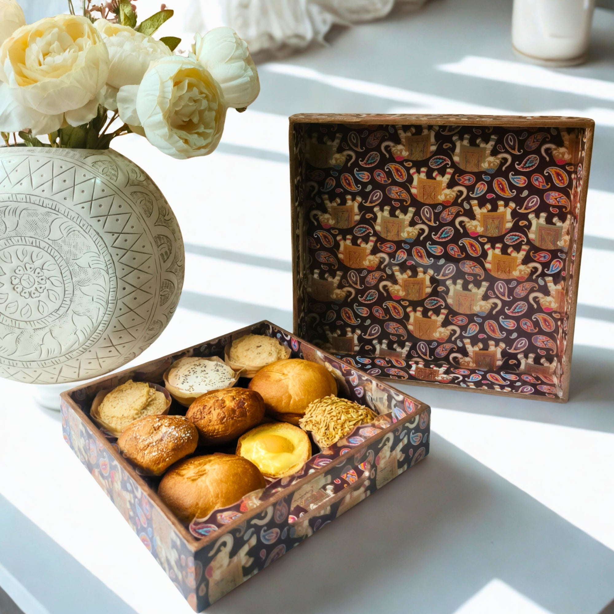 Rectangle wooden Golden Elephant Embossy Design Enamel Tray set of 2