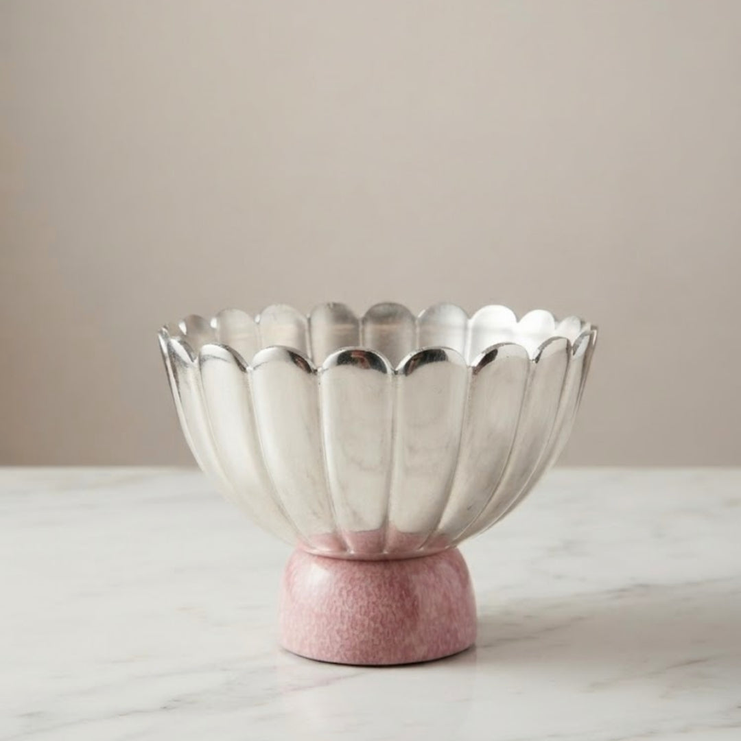 Silver-Plated Scalloped Pedestal Bowl with Pink Base