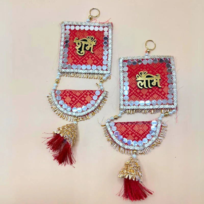 Side Hanging Set Of 2 - Brocade Shubh Labh Red Large