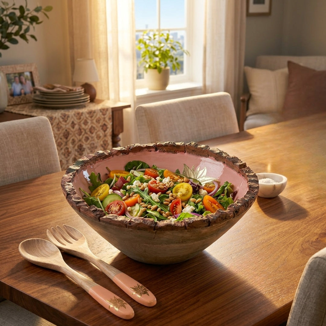 Peach Enamel Wooden Salad Bowl with Tulip Foil Print