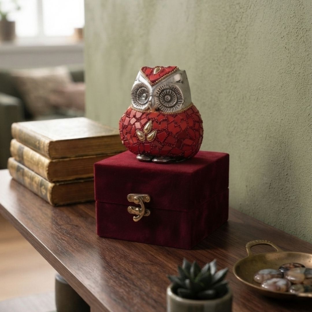 Silver Plated Red Mosaic Owl Figurine in Red Velvet Box for Home Decor