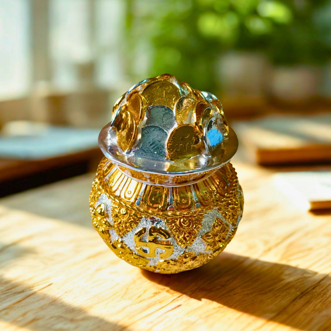 The Home Co- 999 Pure Silver Plated & 24K Gold Plated Wealth Kalash Sacred 5 Inch Abundance Idol