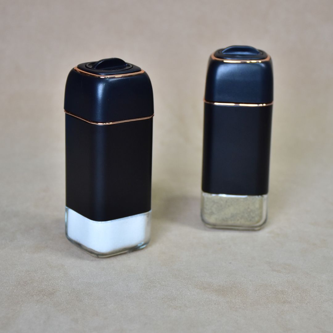 Glass Salt & Pepper Shakers With Stainless Stand Set Of 2 - Black