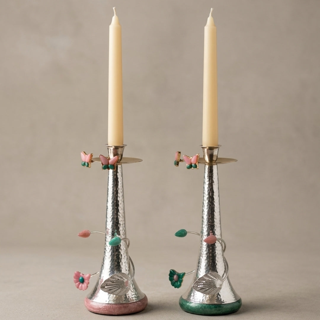 Hammered Silver-Plated Candle Stands with Floral Resin Base (Set of 2)