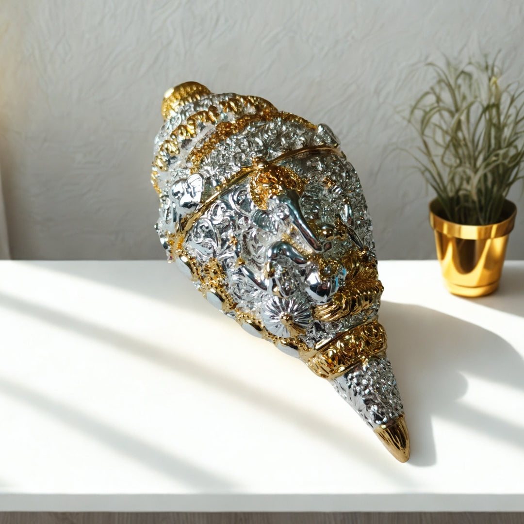 The Home Co- 999 Pure Silver Plated & 24K Gold Plated Ganesh Shankh Sacred 5 Inch Dual-Tone Conch Shell