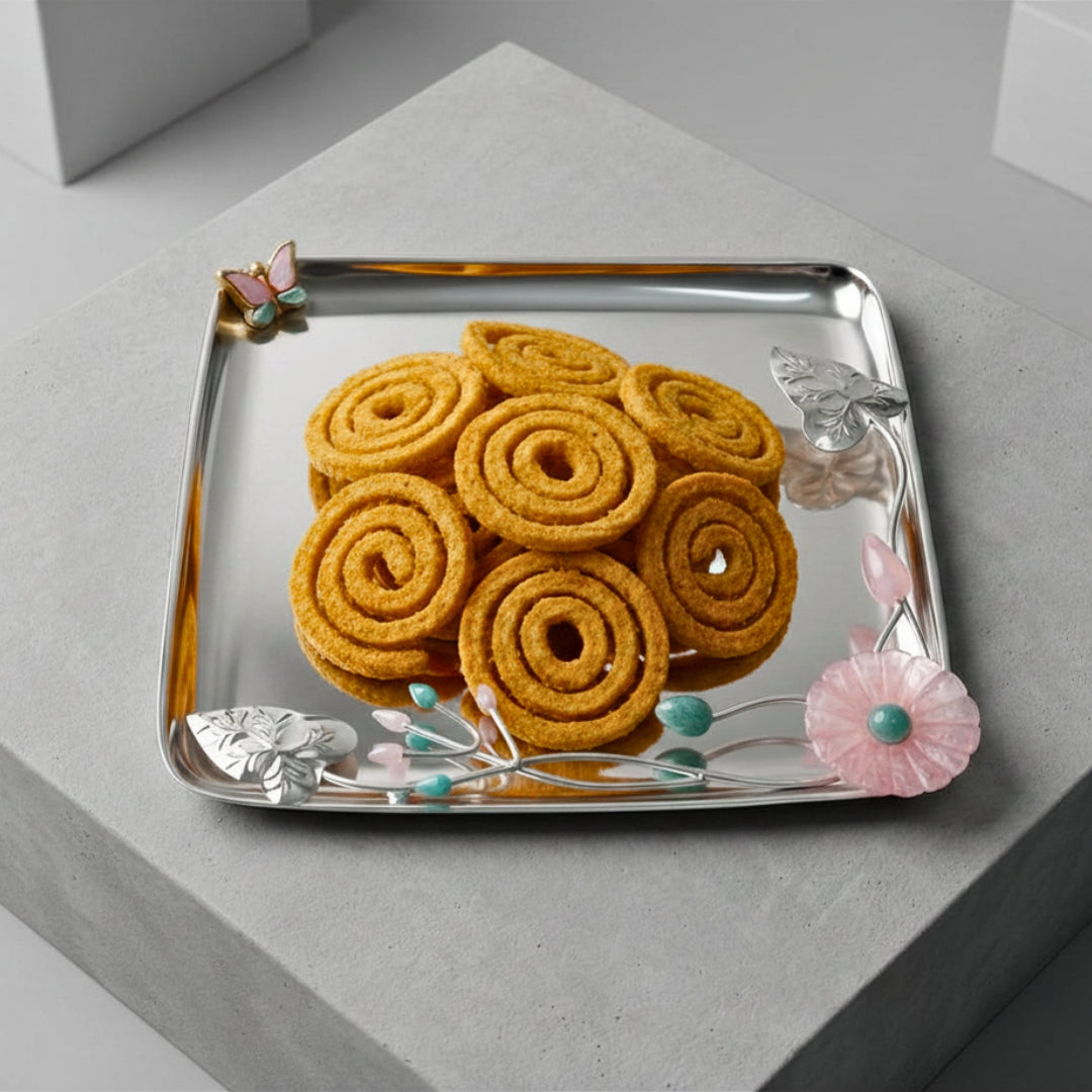 Silver-Plated Square Platter with Floral and Butterfly Embellishments