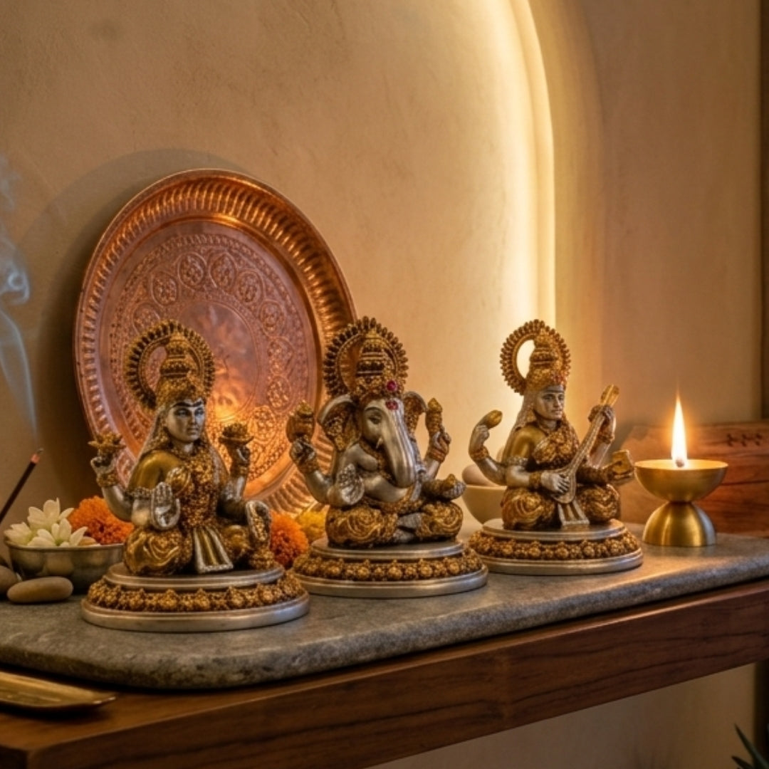 The Home Co. 999 Pure Silver & 24K Gold Plated Lakshmi, Ganesha & Saraswati Idol Set (Small) | Divine Trideva-Tridevi Murti with Premium Velvet Gift Box