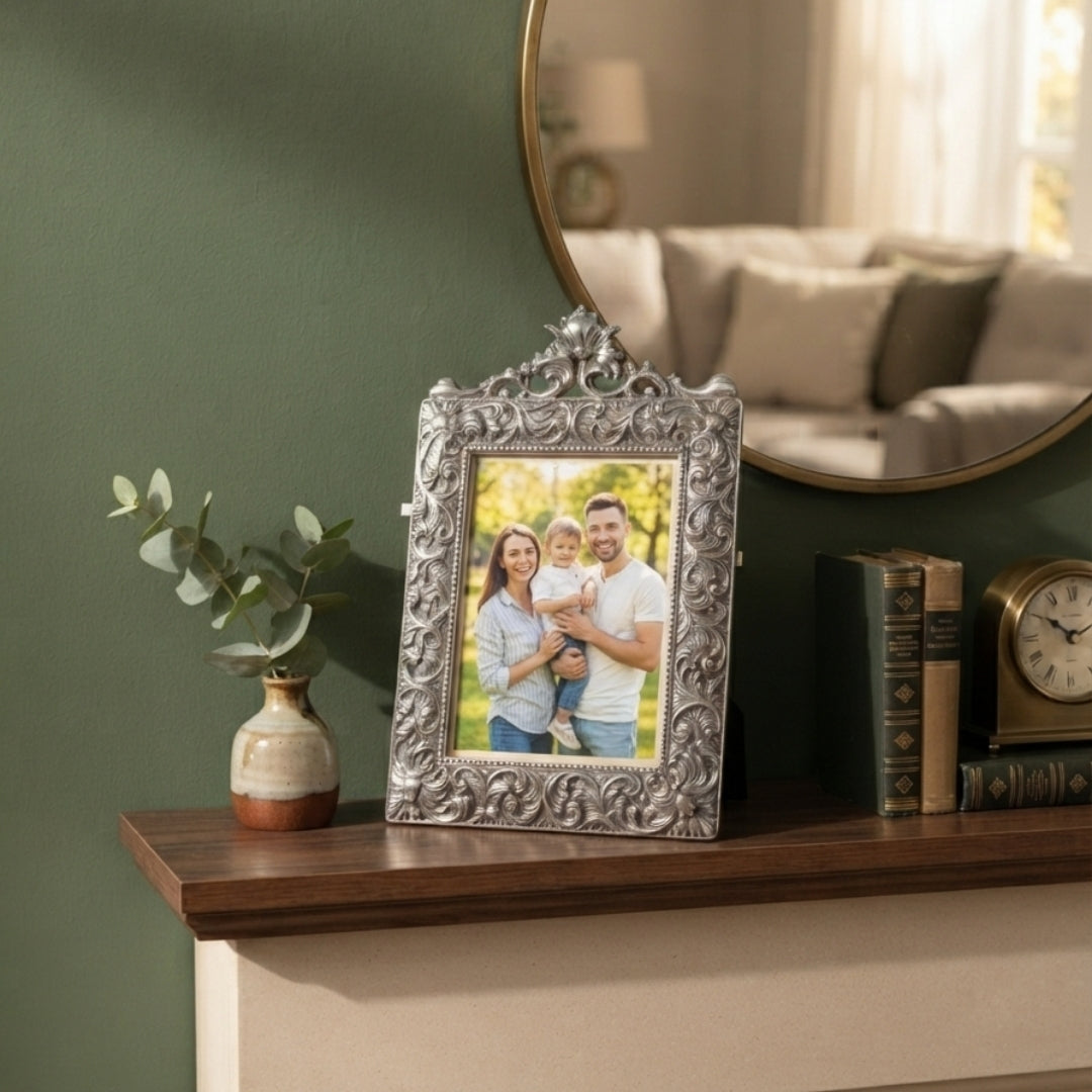 Silver Plated Ornate Photo Frame in Red Velvet Box for Festive Gifting