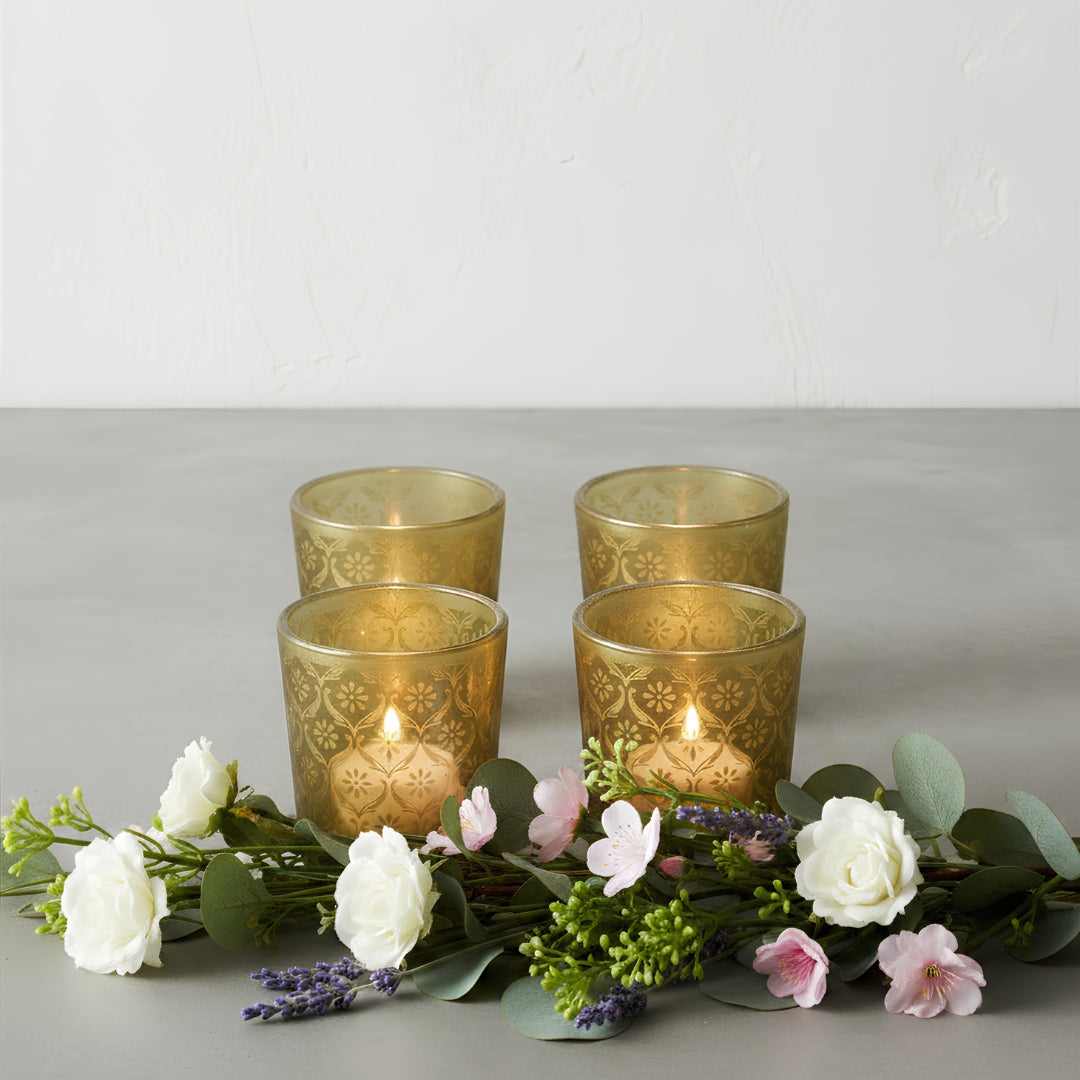 Mughal-Etched Gold Glass Votive Candle Holders - Set of 4 Elegant Votives