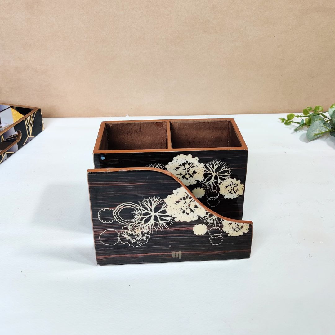 Small Cutlery Tissue Holder - Black & Brown Flower