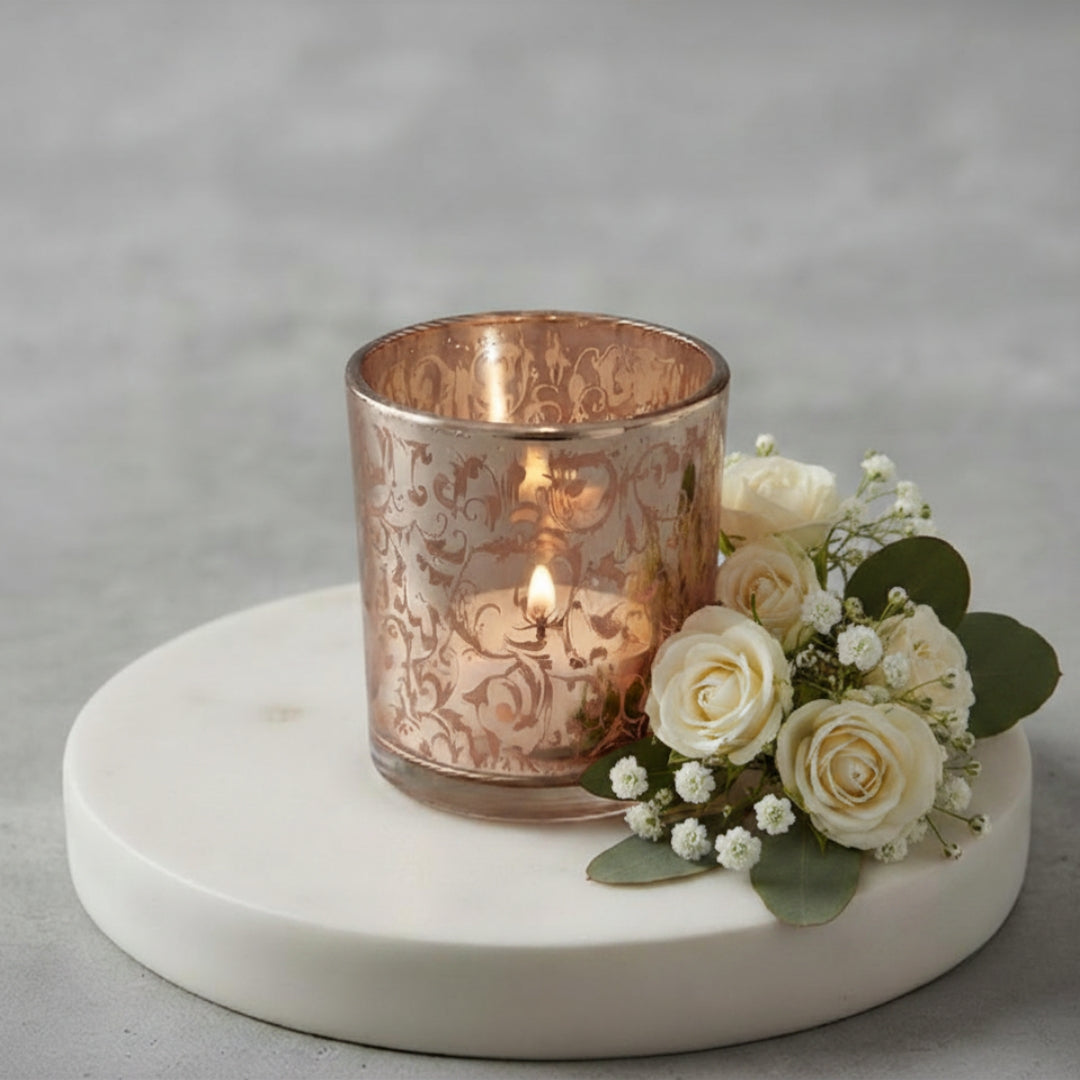 Etched Orange Glass Votive Candle Holder - Elegant Decorative Accent - single pc
