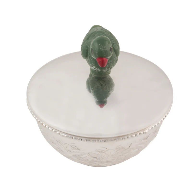 Brass Silver Plated Bowl With Parrot Lid Small 4"