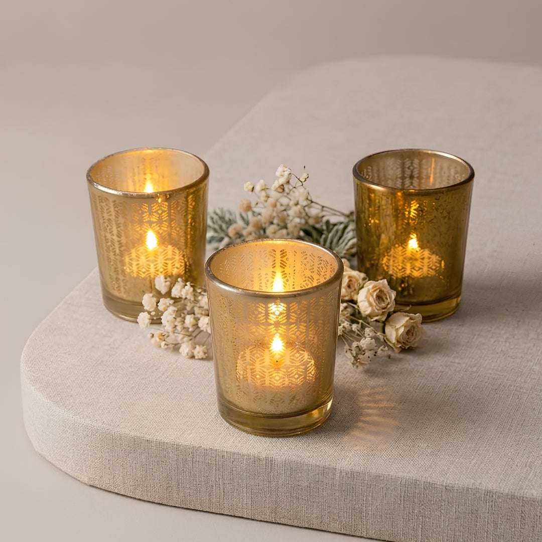 Set of 3 - 2 pc Yellow + 1 pc green Glass Votive Candleholders with Leaf Etching