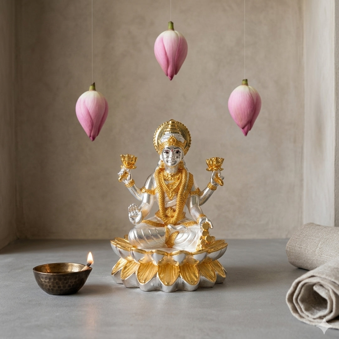 The Home Co. Divine Goddess Lakshmi Idol | 999 Pure Silver & 24K Gold Plated Murti on Lotus Base | Premium Fiber Vastu Decor & Gifting