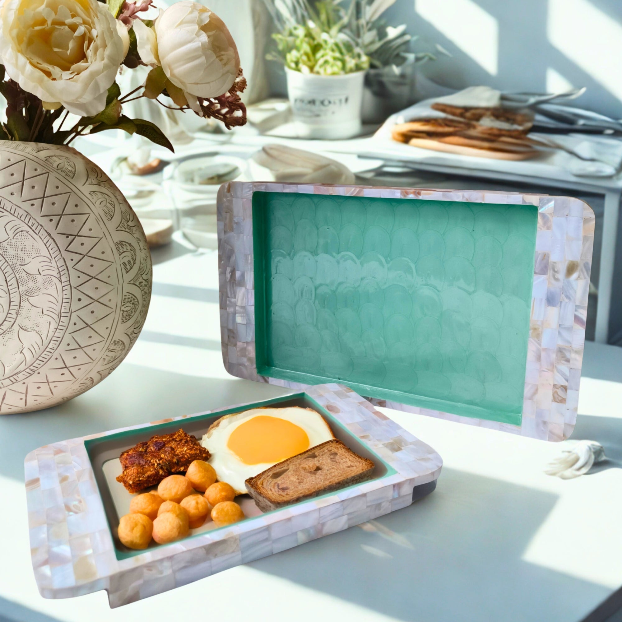 Rectangle Tray Set Of 2 - Wooden with White mother of pearl