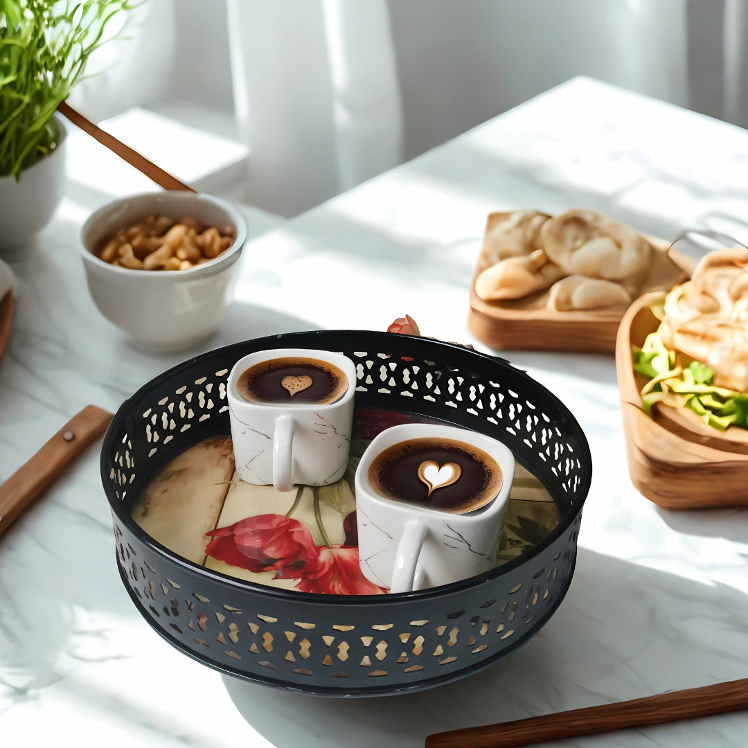 Metal Round Tray - Beige Flower Print  Large