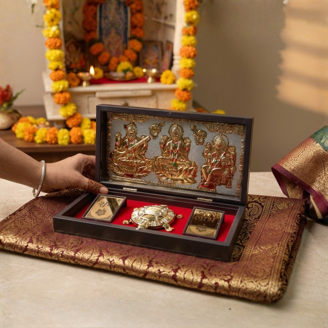 999 Pure Silver & 24K Gold Plated Laxmi Ganesh Saraswati Idol with Feng Shui Kachua Pooja Box