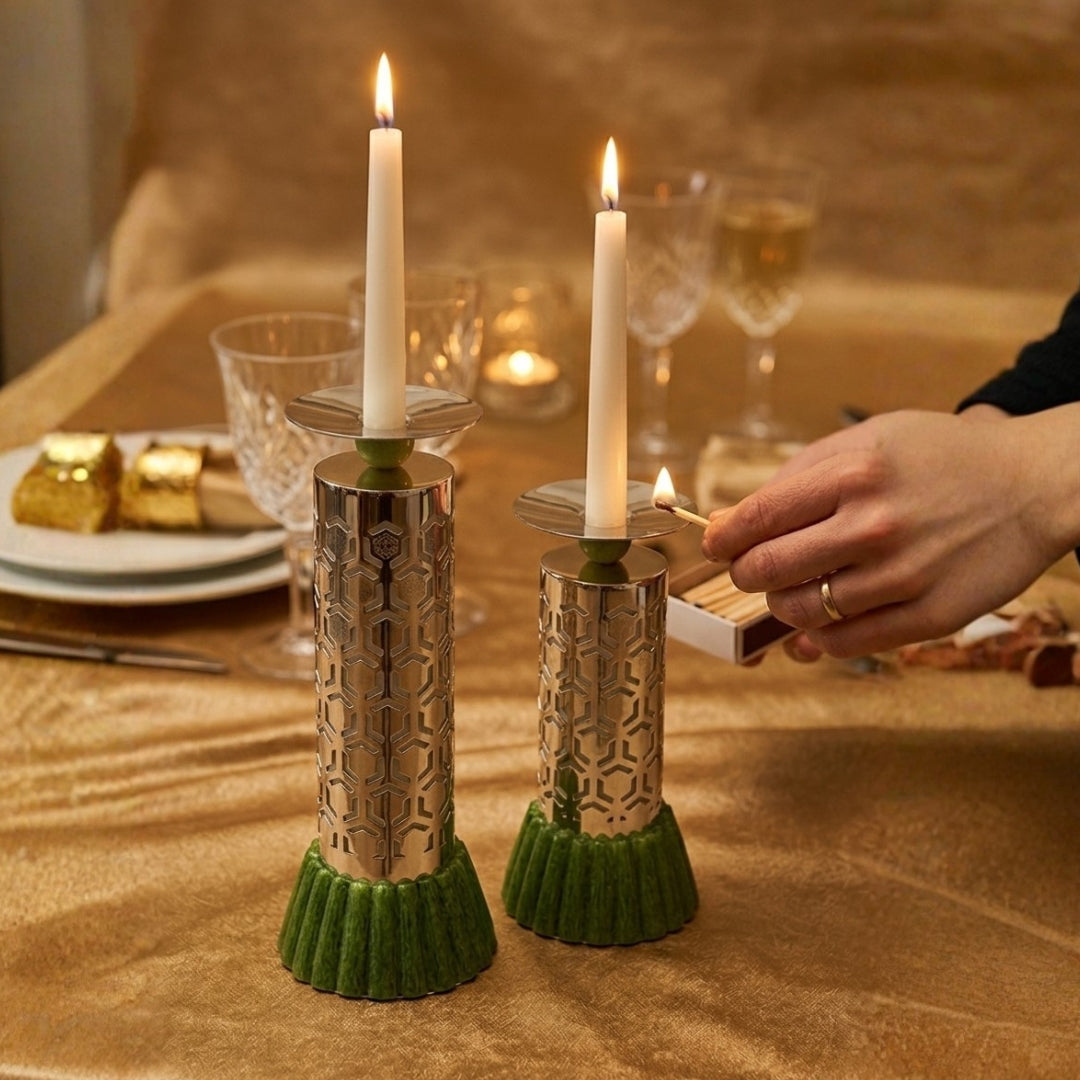 Luxury Silver Plated Pillar Candle Holder Set of 2 in Premium Velvet Box
