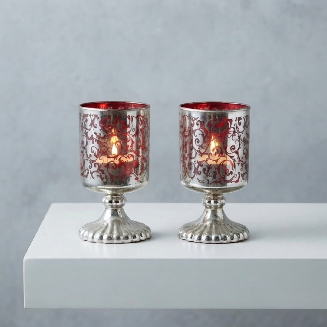 Set of 2 Orange Etched Glass Votive Tea Light Holders