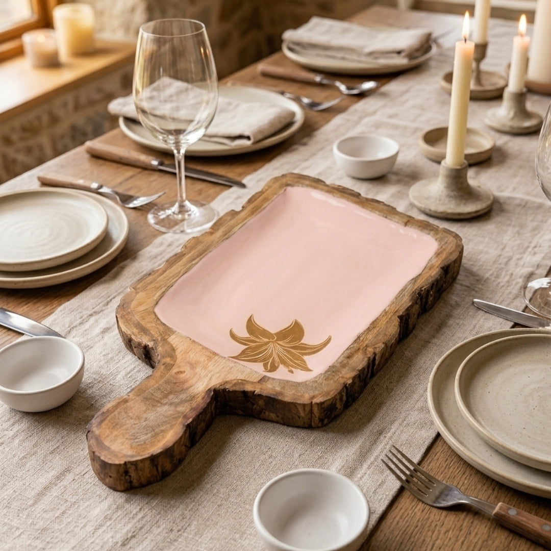 Peach Enamel Wooden Paddle Platter with Tulip Foil Print