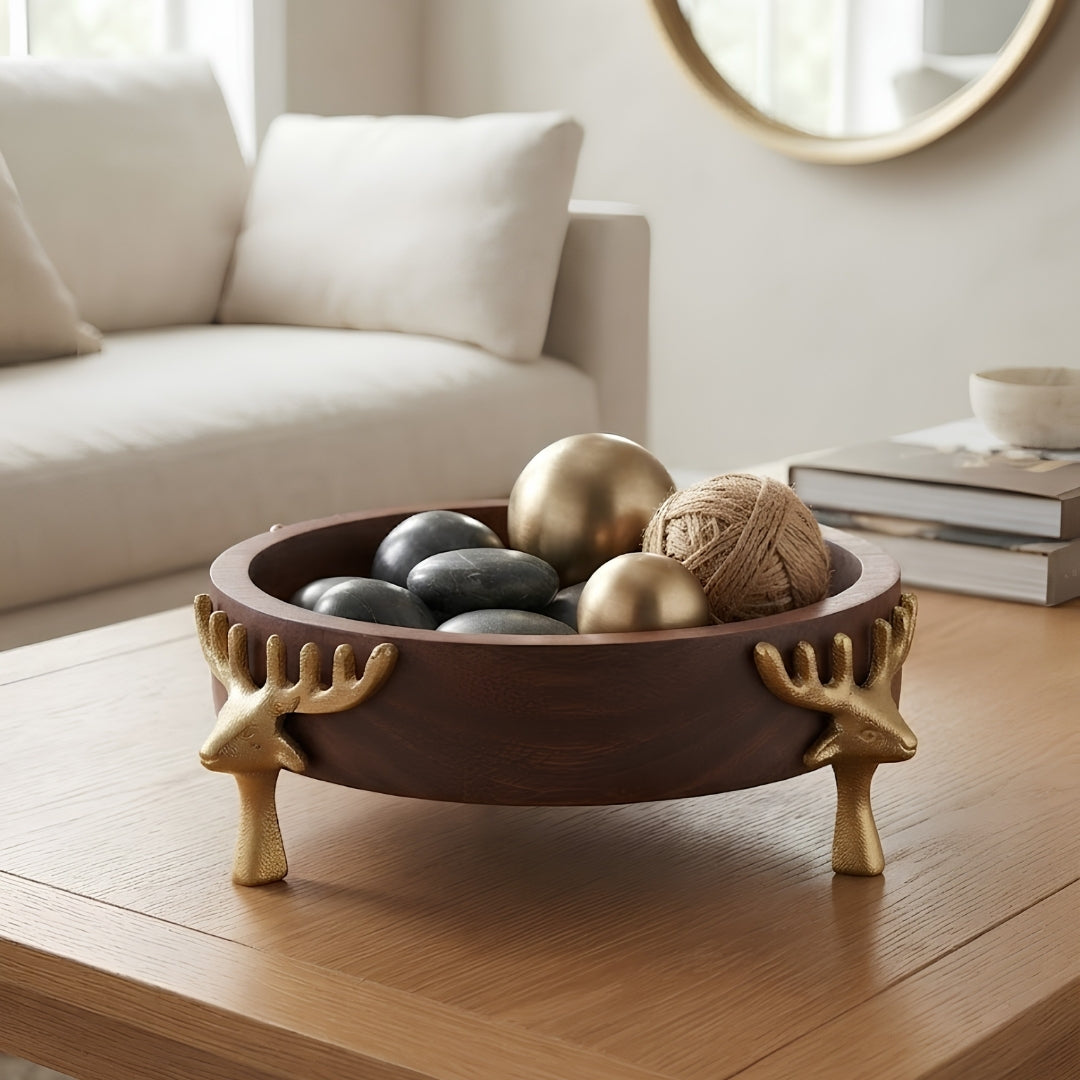 Wooden Bowl with Gold Reindeer Antler Legs