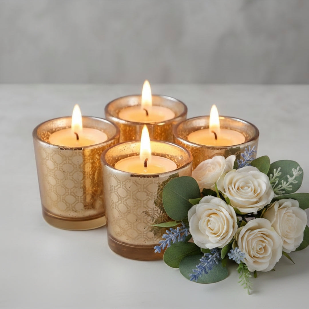 Etched Mosiac design Gold Glass Votive Candle Holders - Elegant Small Set of 4